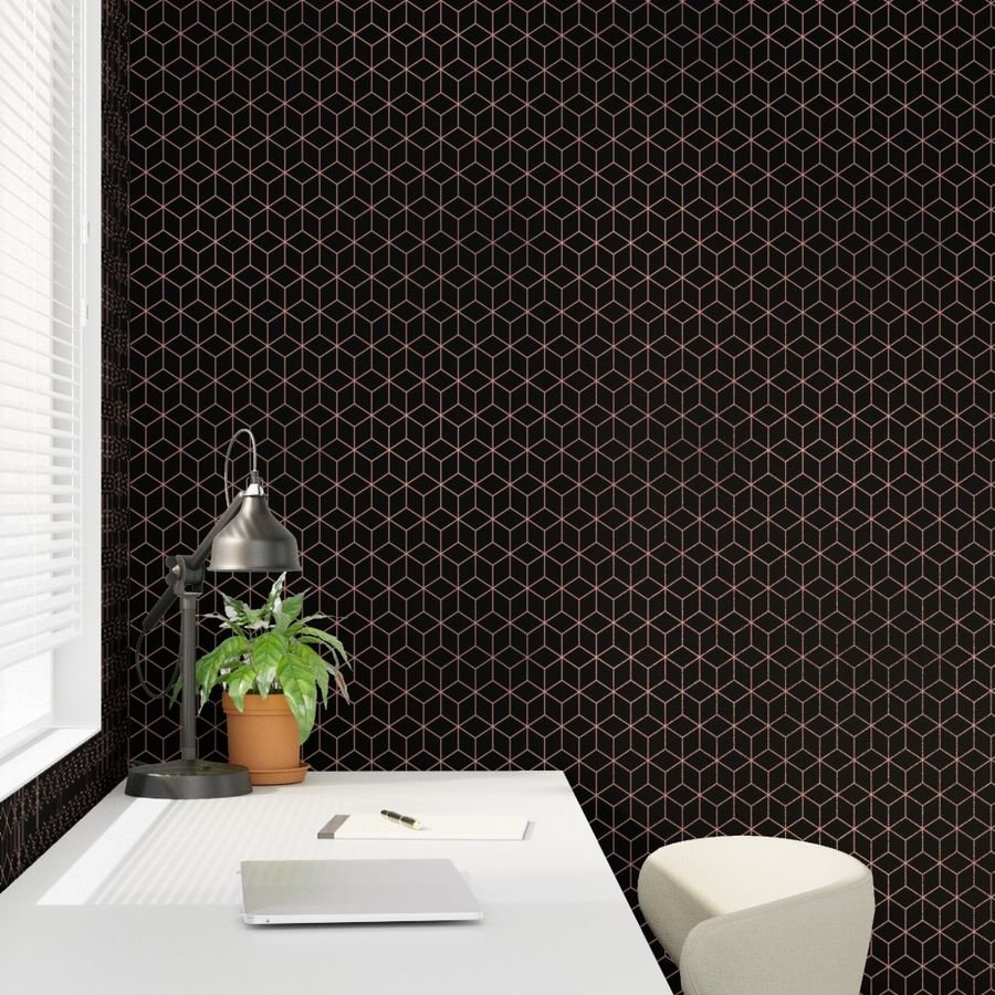 Large Black and Faux Metallic Rose Gold Art Deco 3D Geometric Cubes Wallpaper geometric cubes wallpaper