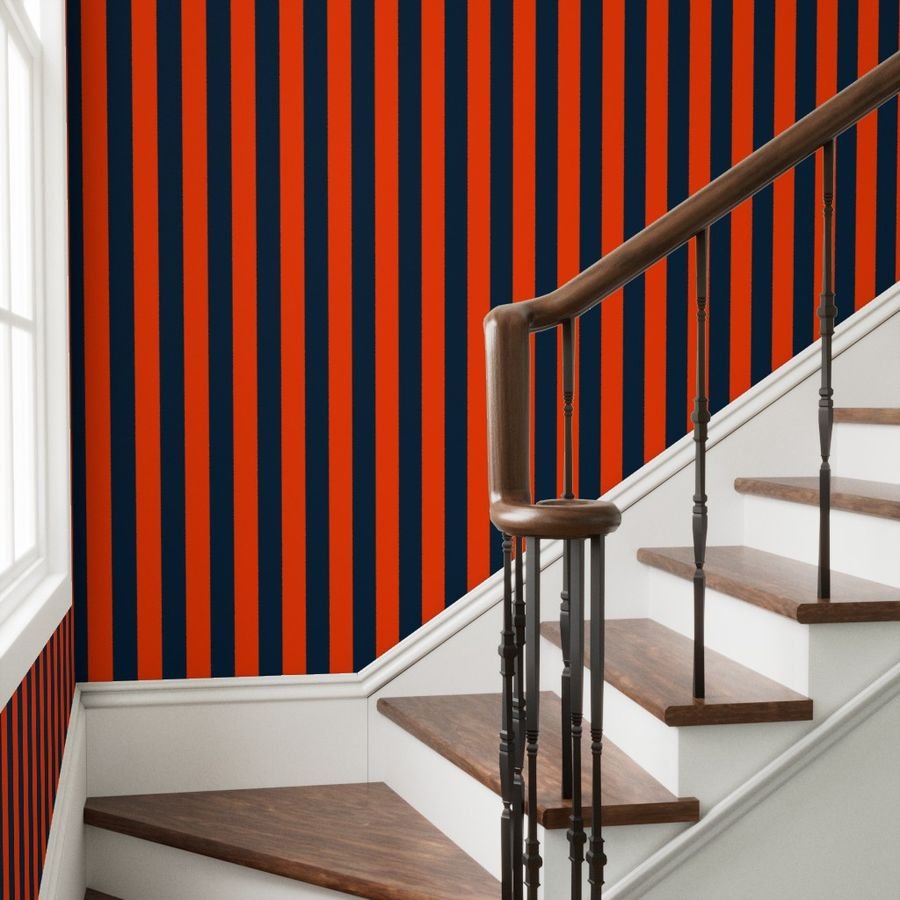 3 Inch Vertical Navy and Orange Cabana Stripes Wallpaper blue stripe wallpaper