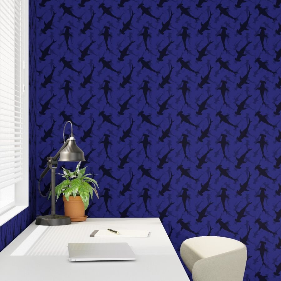Hammerhead Sharks in Blue Silhouette Circling in Dark Blue Water Wallpaper hammerhead gathering wallpaper