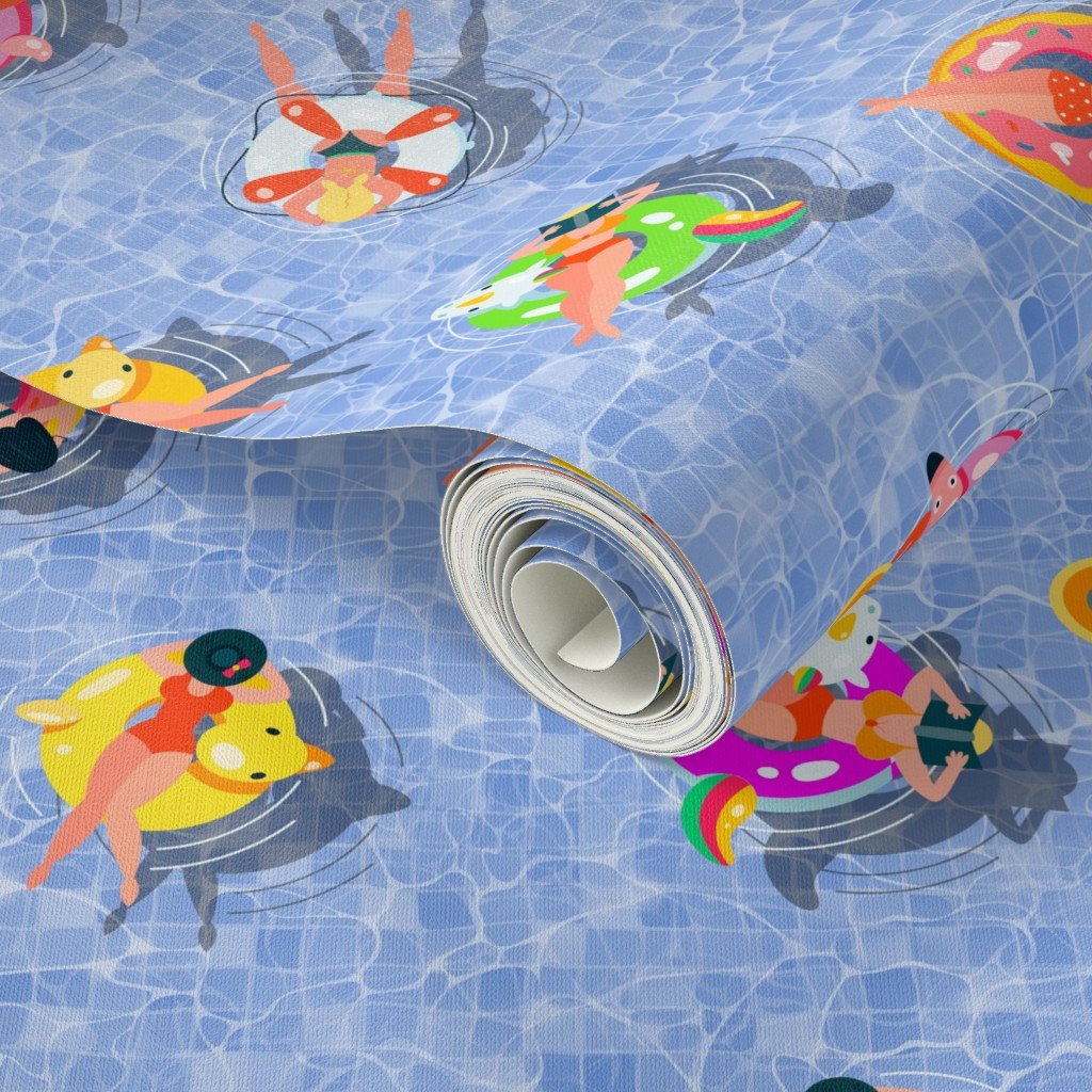 Blue Summer Pool Party with Ring Floats and Swimmers Wallpaper bathing swimmers wallpaper
