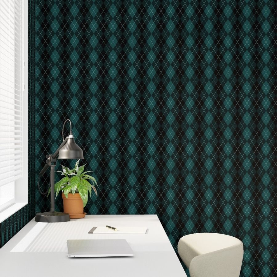 Dark Teal Argyle Diamond Check Wallpaper mockup view