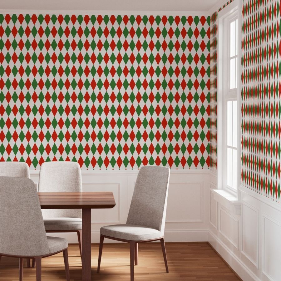 Jumbo Red Green Christmas Harlequin Diamond Check Wallpaper harlequin pattern wallpaper