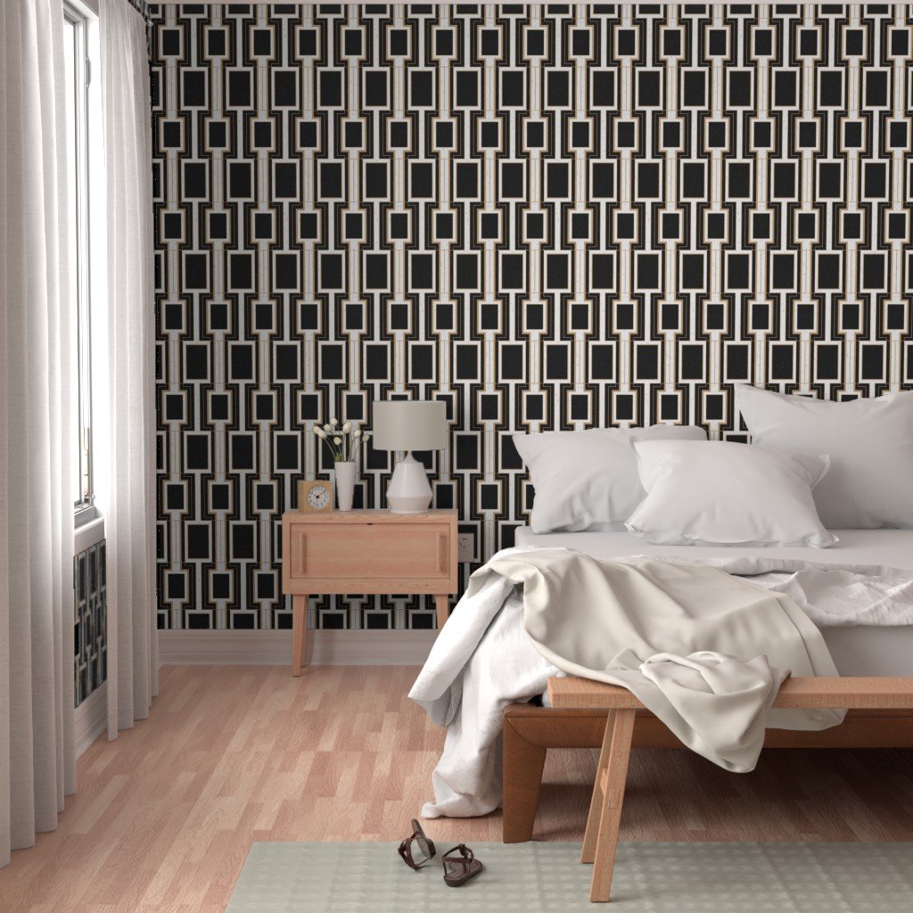 Small Art Deco Geometric Rectangles in Cracked Black and Faux Gold Wallpaper off white wallpaper