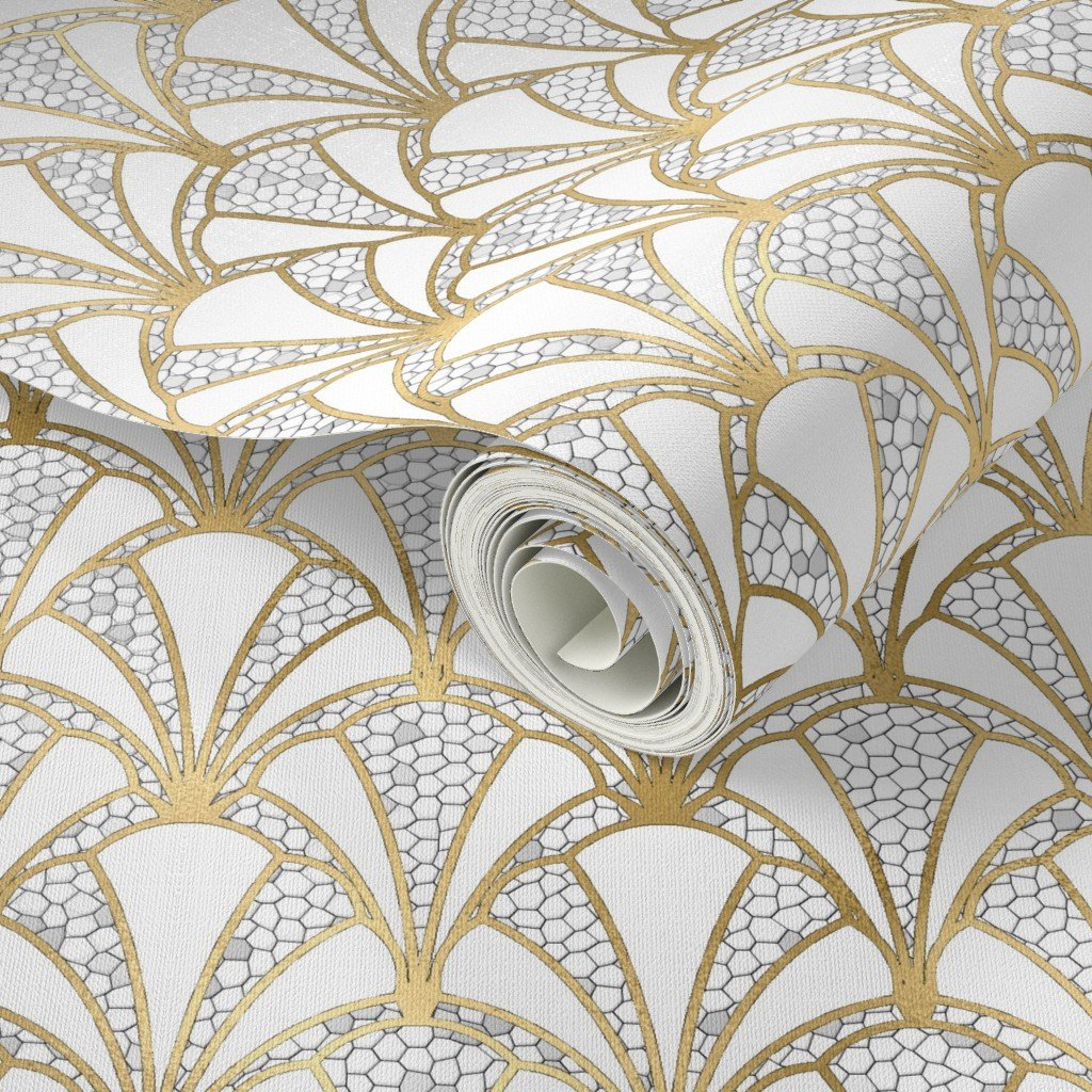 Crackled Cream Scallop Shells in Off White with Gold Art Deco Vintage Wallpaper off-white eggshell wallpaper