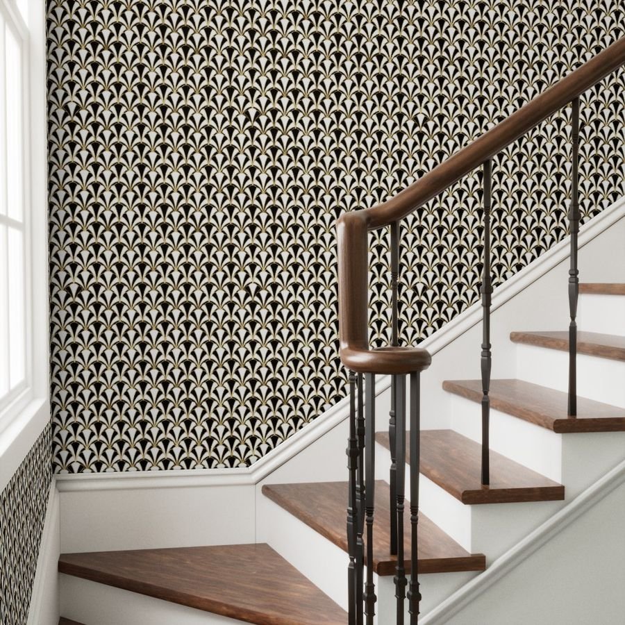 Scallop Shells in Black and Gold Art Deco Vintage Foil Pattern Wallpaper black eggshell wallpaper