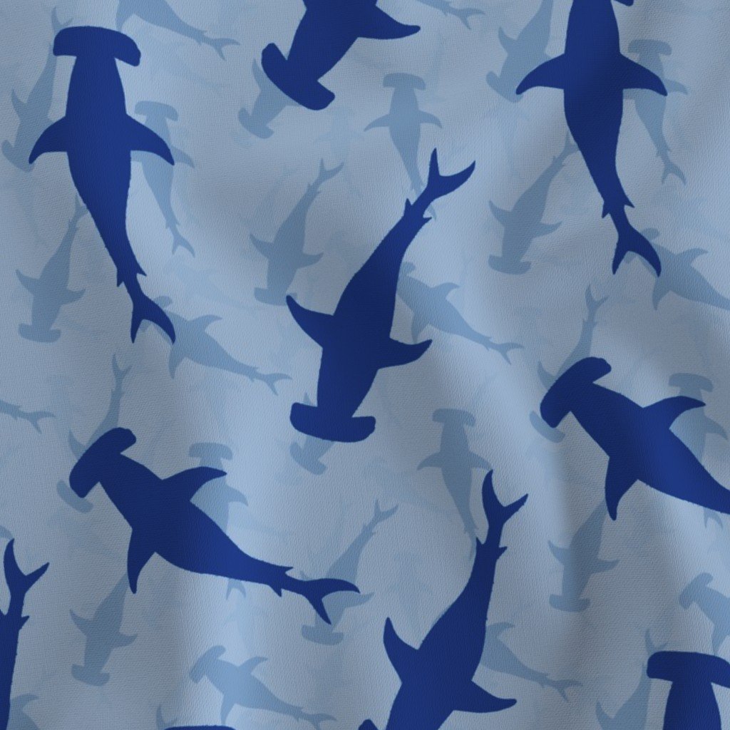 Dark Hammerhead Sharks Silhouette Circling in Sky Blue Water Fabric sky water fabric