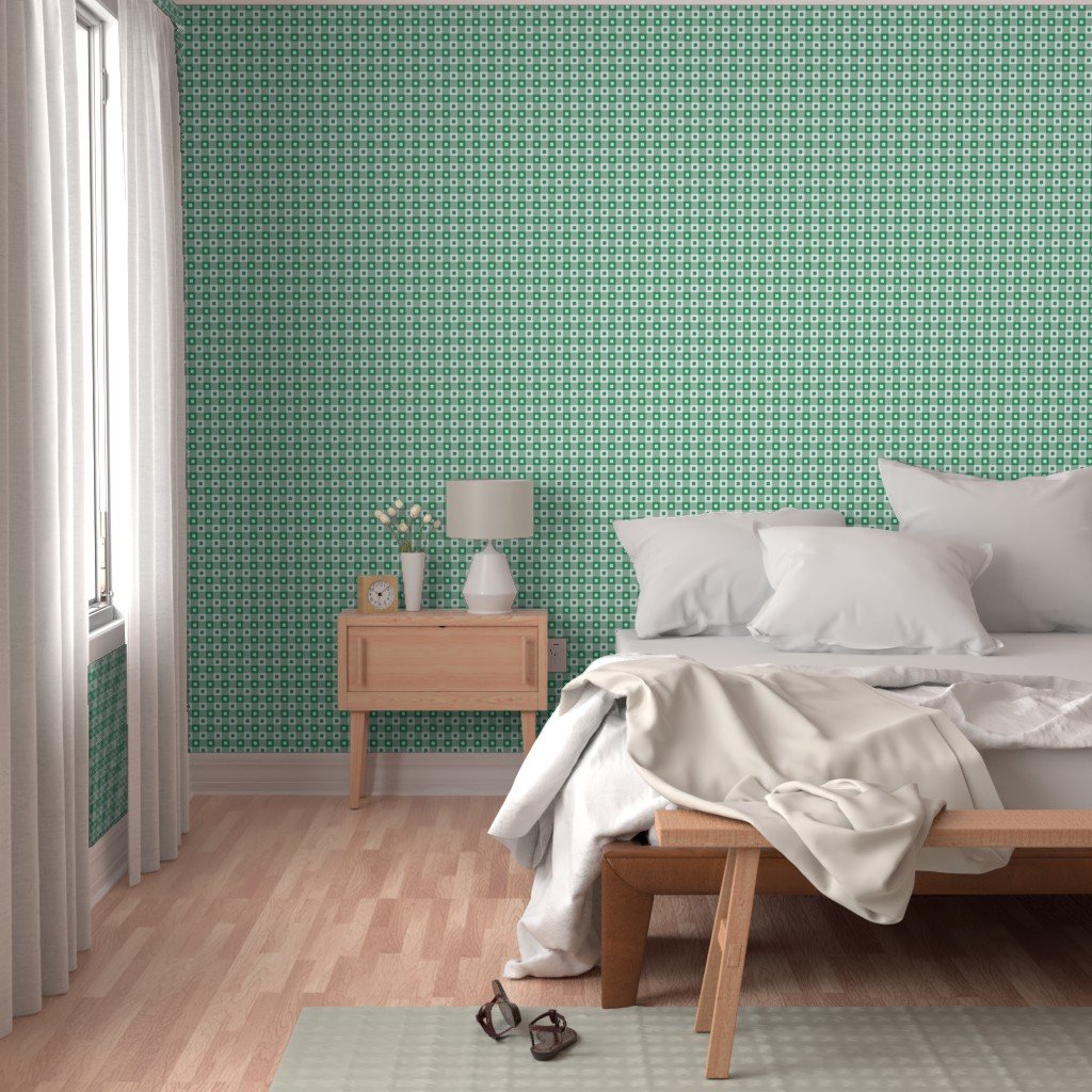 Kelly and White Gingham Check with Center Shamrock Medallions in Wallpaper st patricks shamrock wallpaper