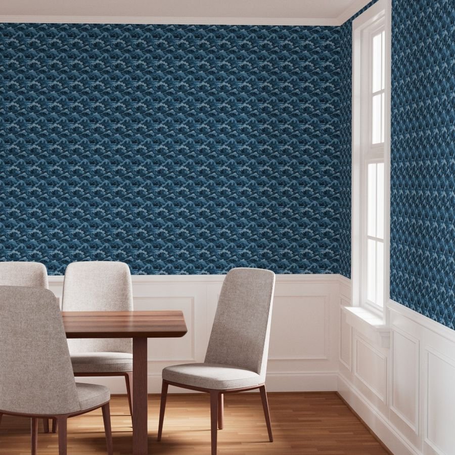 Japanese Woodcut Big Tsunami Waves in Shades of Mid-Blue Wallpaper tsunami wave wallpaper