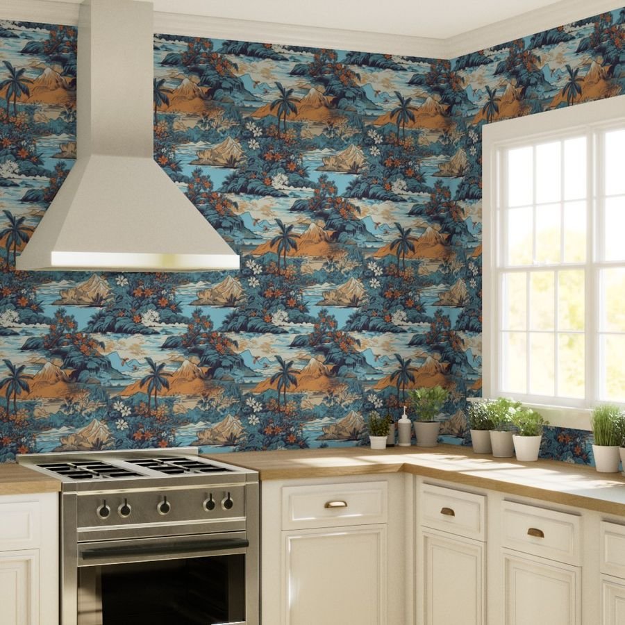 Vintage Hawaiian Landscape Blue Wallpaper blue landscape wallpaper