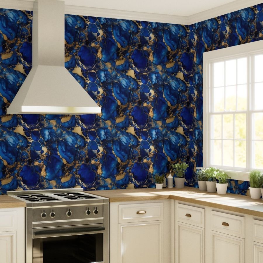 Cobalt Blue and Gold Alcohol Ink 1 Wallpaper marbled pattern wallpaper