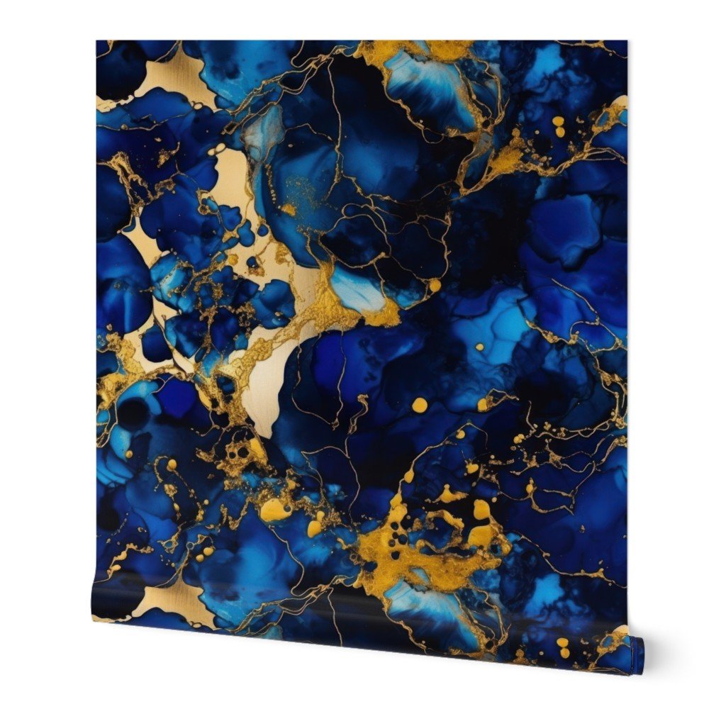 Cobalt Blue and Gold Alcohol Ink 2 Wallpaper marbled pattern wallpaper