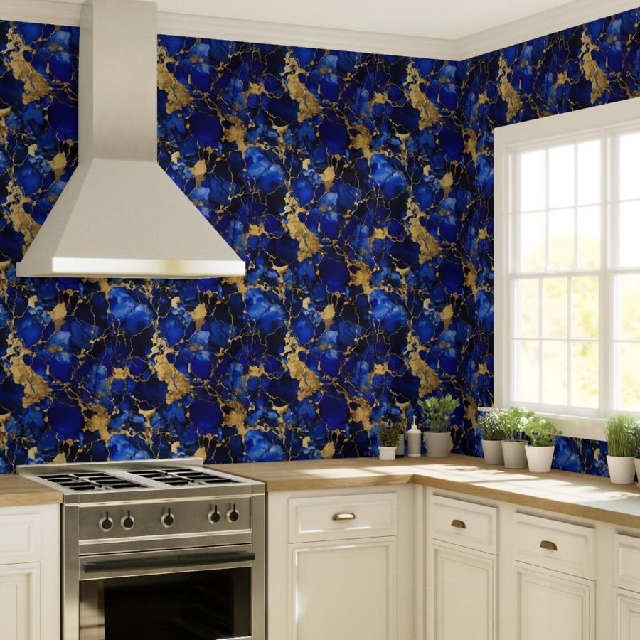 Cobalt Blue and Gold Alcohol Ink 3 Wallpaper marbled pattern wallpaper