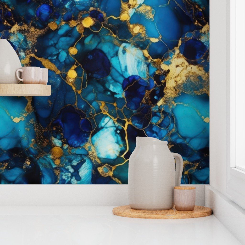 Gold and Blue Sapphire Alcohol Ink 1 Wallpaper marbled ink wallpaper