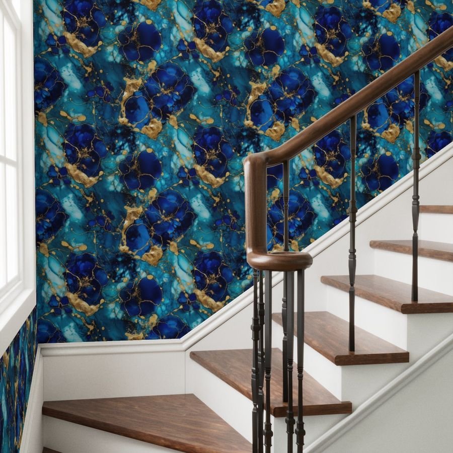 Gold and Blue Sapphire Alcohol Ink 2 Wallpaper marbled pattern wallpaper