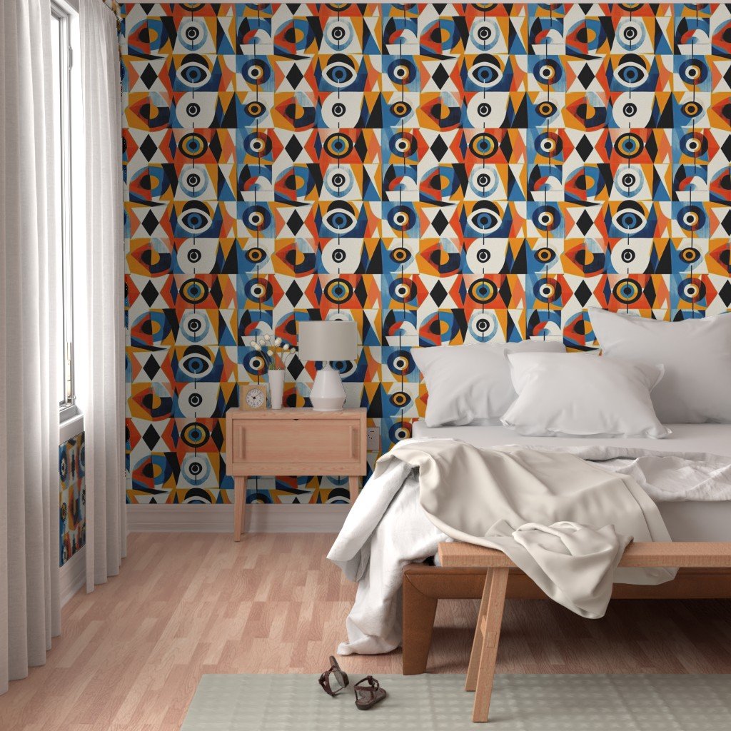 Evil Eye in Geometric Pattern of Bright Colors Wallpaper bold pattern wallpaper