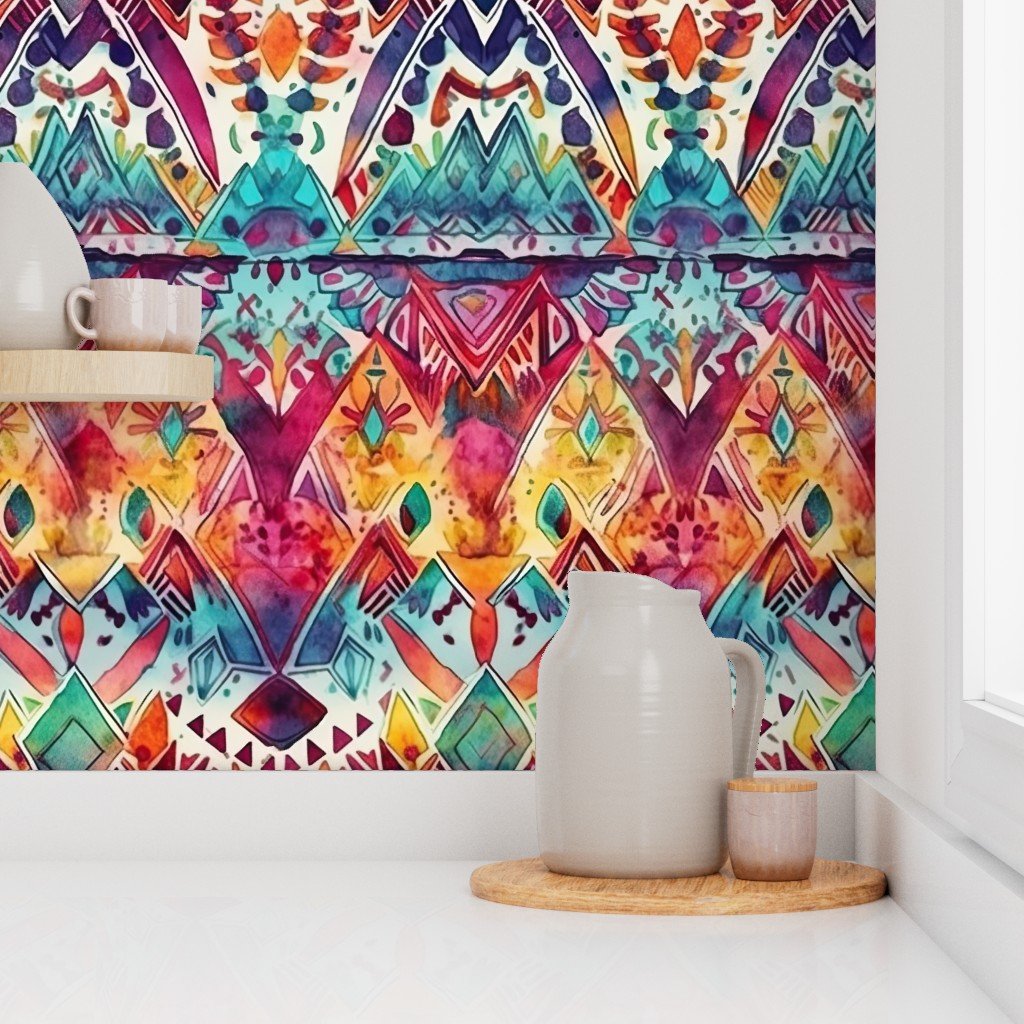 Bright Watercolor Aztec Geometric Pattern Wallpaper latin america wallpaper