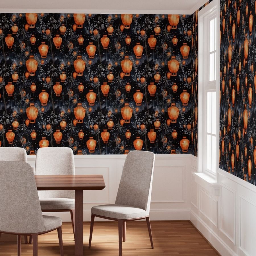 Orange Glowing Chinese Paper Lanterns Watercolor Wallpaper rice paper wallpaper
