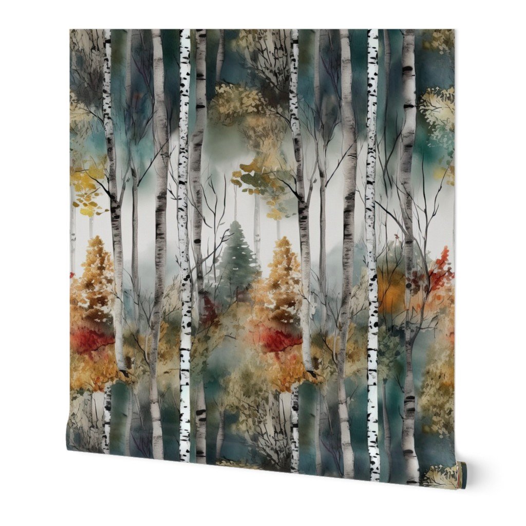 Endless Birch Tree Dreamscape Trees in Misty Forest Watercolor Wallpaper nature s tranquility wallpaper