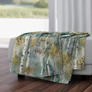 Endless Birch Tree Dreamscape Trees in Misty Forest Watercolor Design Collection Home Decor Collection misty forest throw blanket design