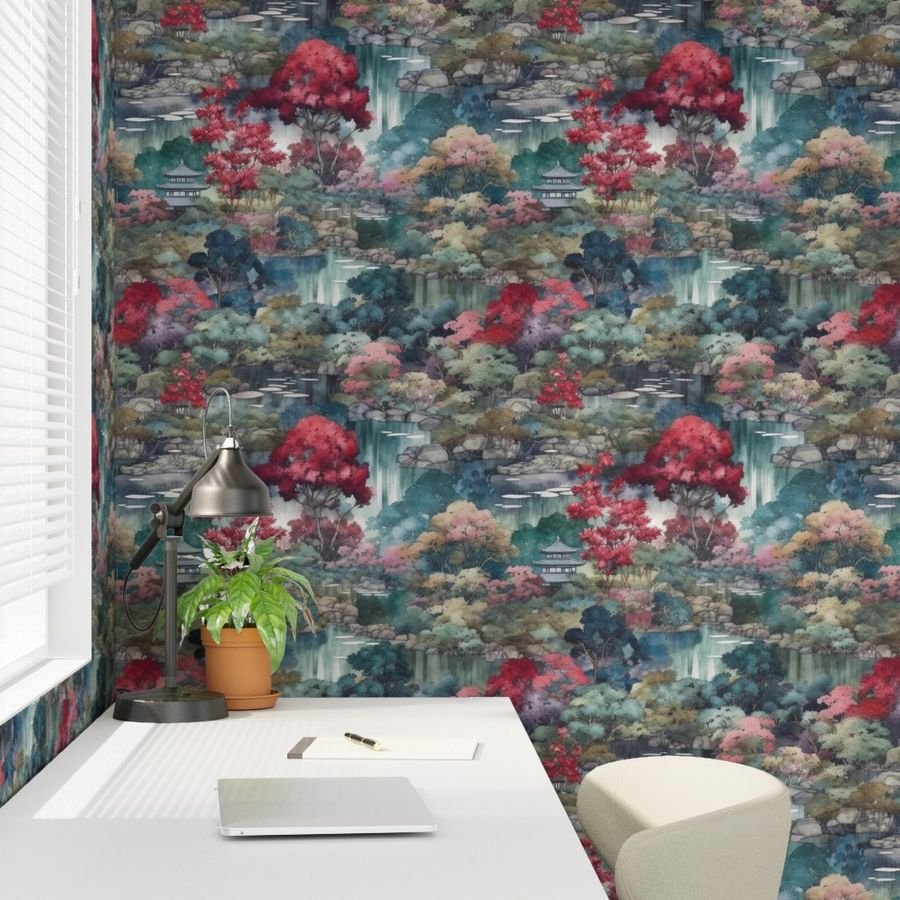Japanese Water Garden Watercolor with Temples Wallpaper japanese temples wallpaper