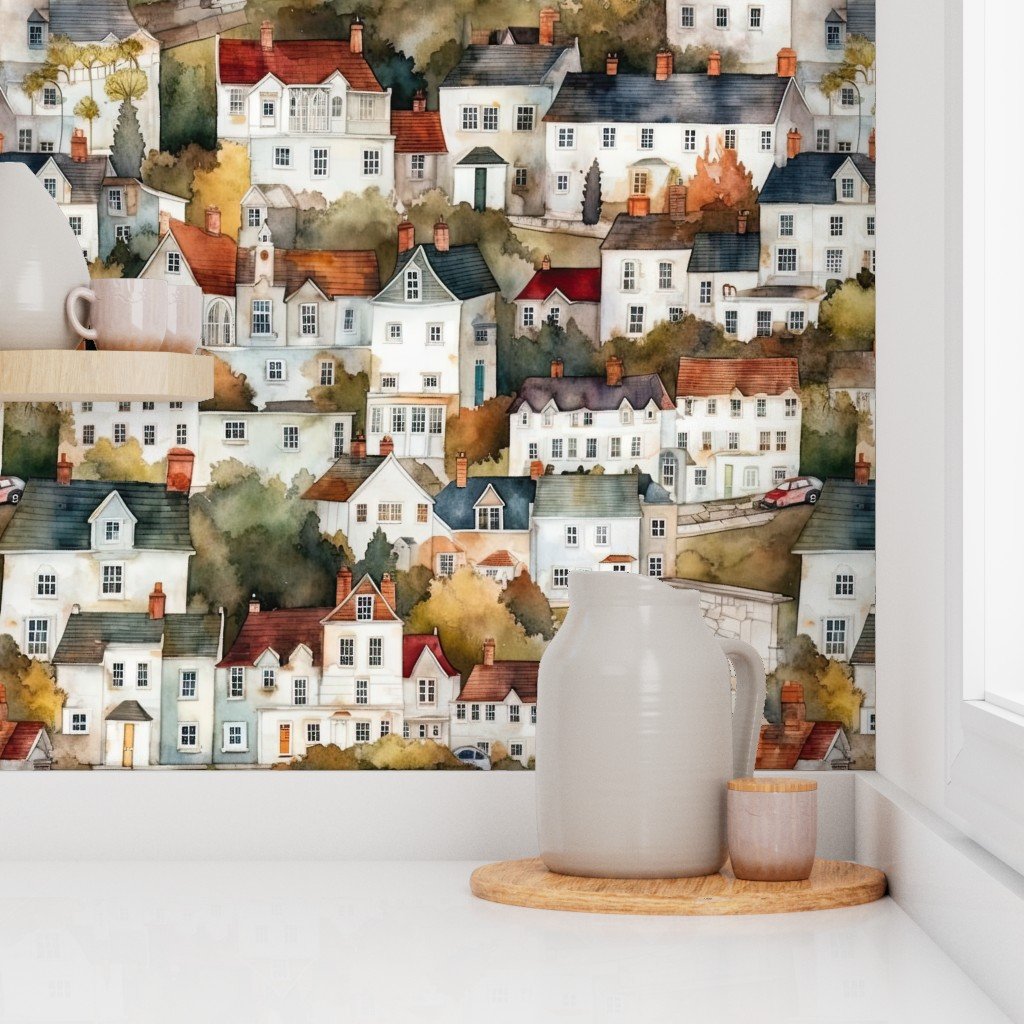 English Town Houses in Watercolor Wallpaper english town wallpaper