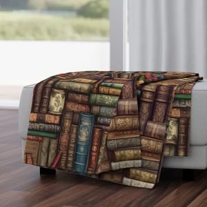 Stacked Bound Vintage Books on Library Book Shelf Decor Collection Home Decor Collection library books throw blanket design