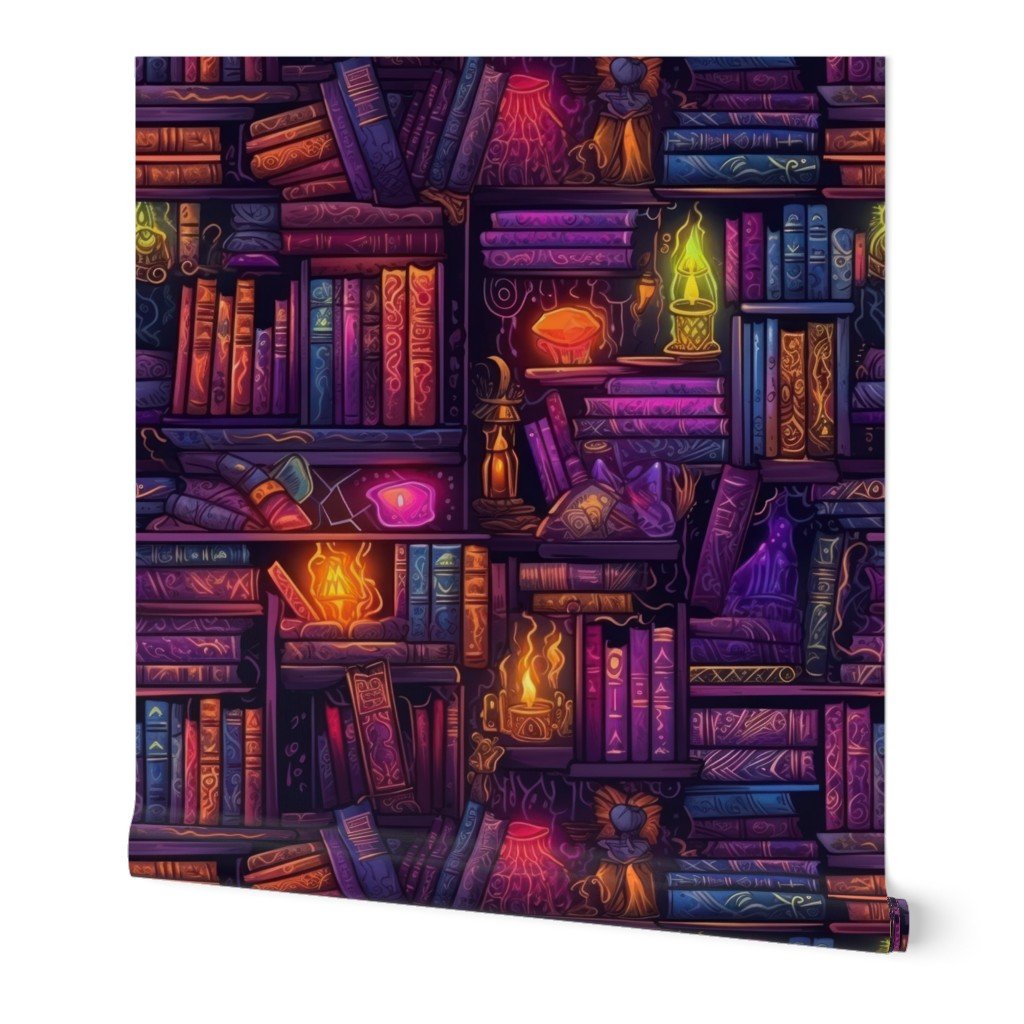 Witch Spooky Neon Halloween Books on Library Spell Book Shelf Wallpaper neon spell books wallpaper