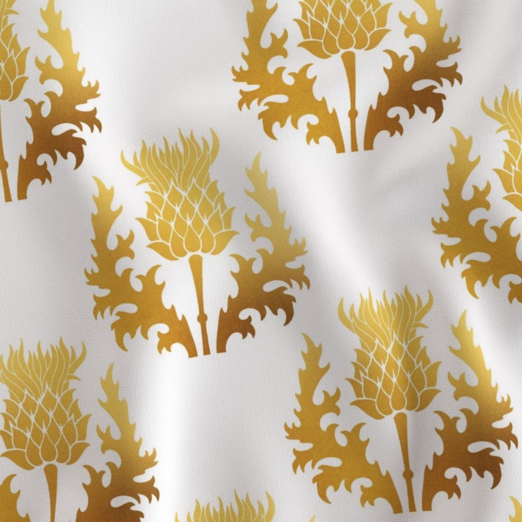 Large Scottish Thistle Flower of Scotland Gold on White Fabric gold thistle fabric