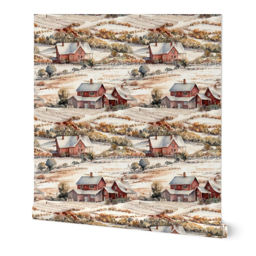 Winter Snowy Farm Landscape Watercolor Wallpaper winter farm wallpaper