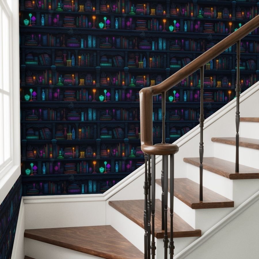 Spooky Photo realistic Dark Academia Bookshelves in Bright Neons Wallpaper spooky halloween wallpaper