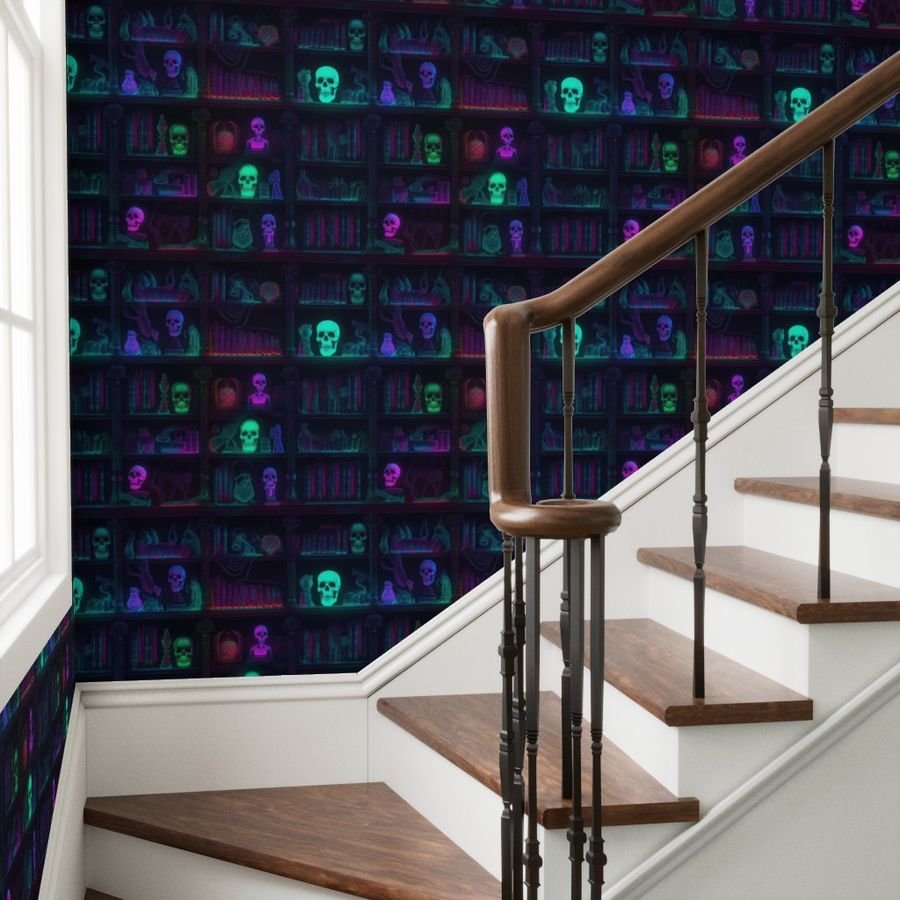 Spooky Photo realistic Dark Academia Bookshelves in Bright Neons Wallpaper spooky halloween wallpaper