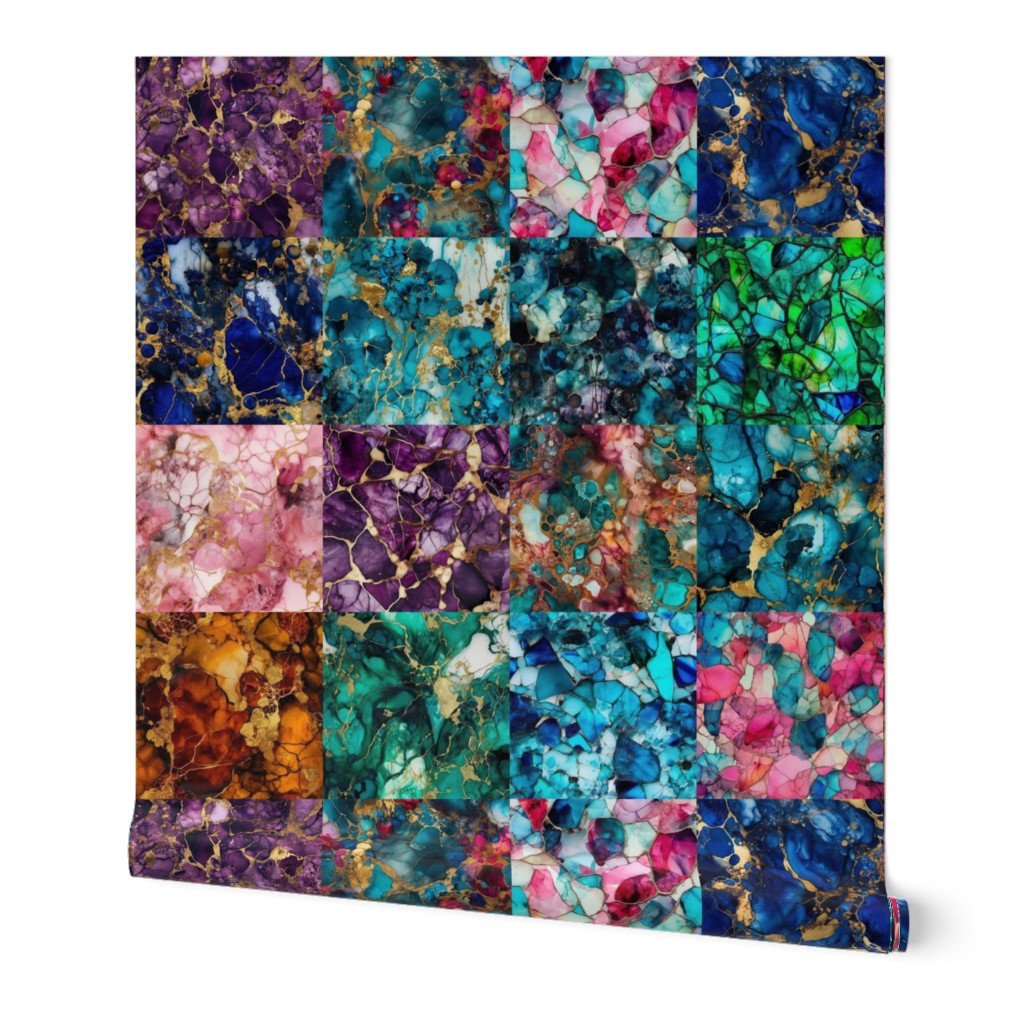 Vivid Birthday Gemstone Patchwork Quilt in 6 inch alcohol Inked Wallpaper marbled ink wallpaper