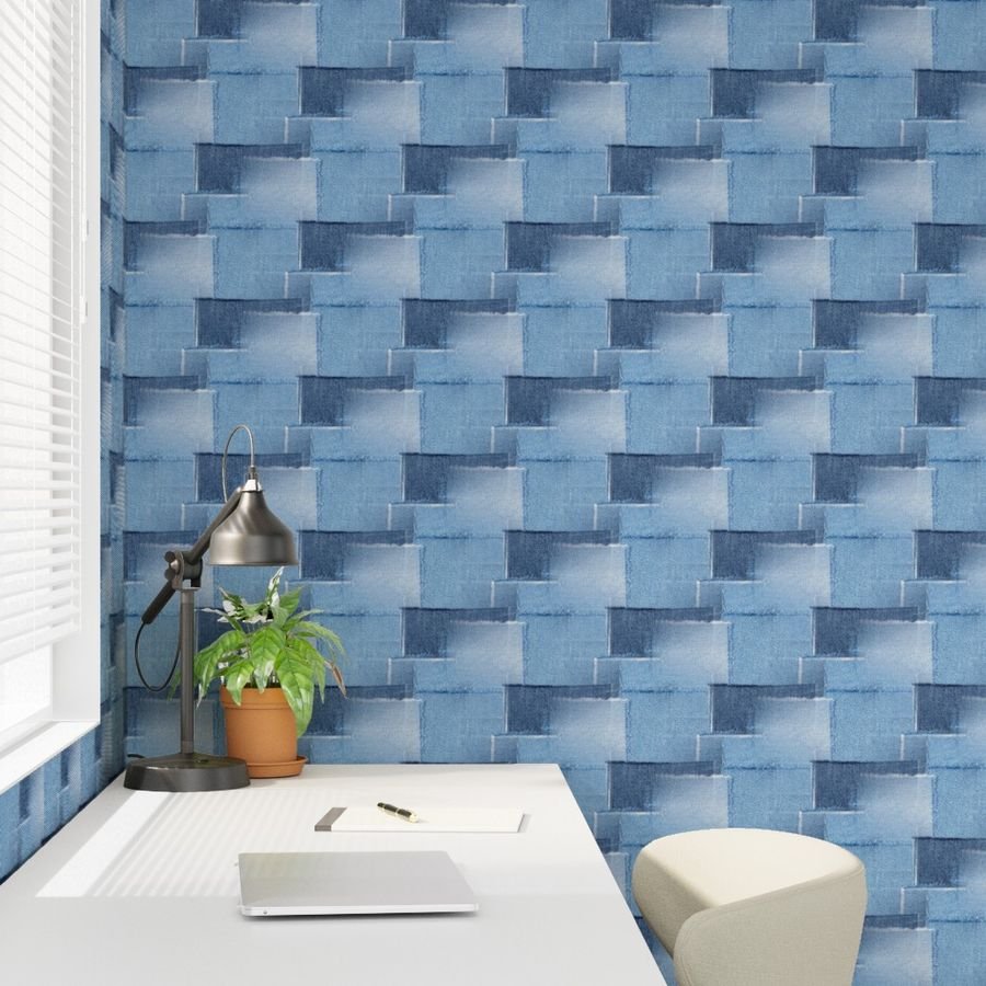 Abstract Patchwork Pattern of Frayed and Fringed Patches of Blue Wallpaper denim patches wallpaper