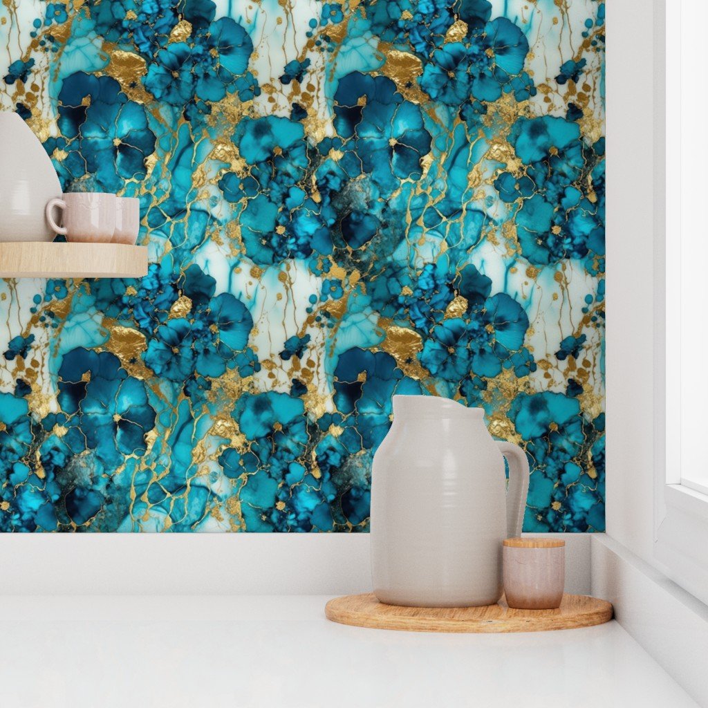 Small Turquoise and Gold Alcohol Ink 4 Wallpaper metallic swirls wallpaper
