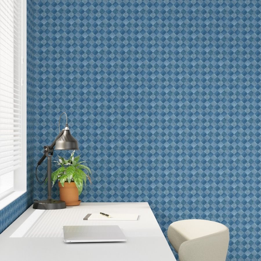 2 inch Diagonal Light and Dark Blue Stained Wood Checkerboard Chess Wallpaper blue tiles wallpaper