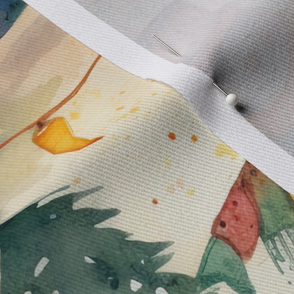 Christmas Snowmen with Christmas Lighted Trees Watercolor Fabric christmas trees fabric