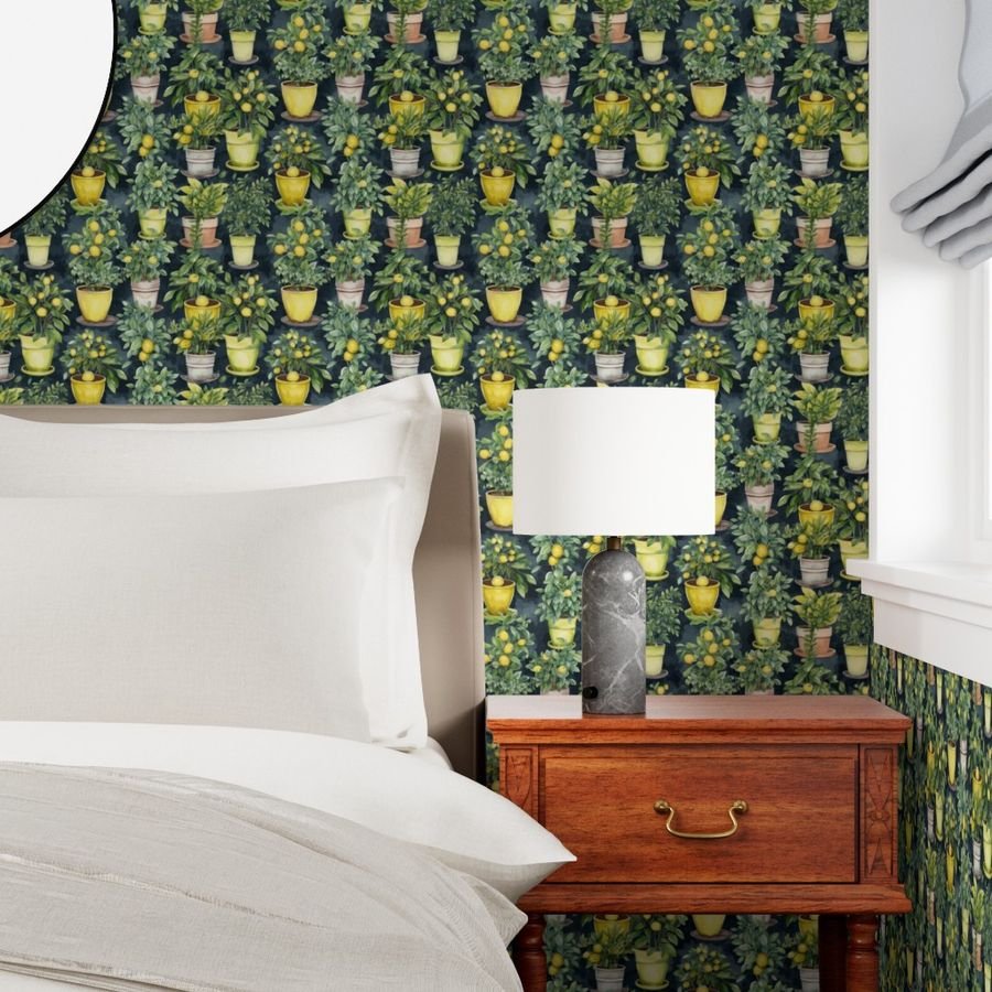 Potted Lemon Trees Watercolor on Dark Green Wallpaper potted trees wallpaper