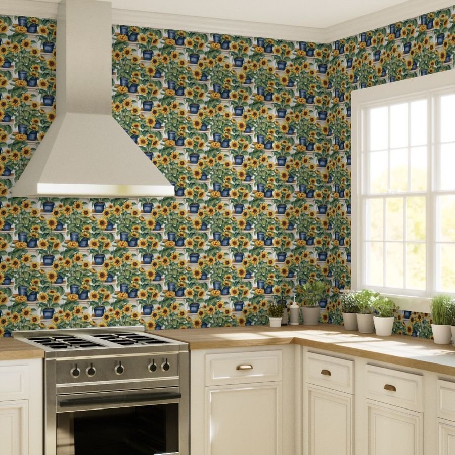 Potted Yellow Sunflower Plants Watercolor Wallpaper sunflower pots wallpaper