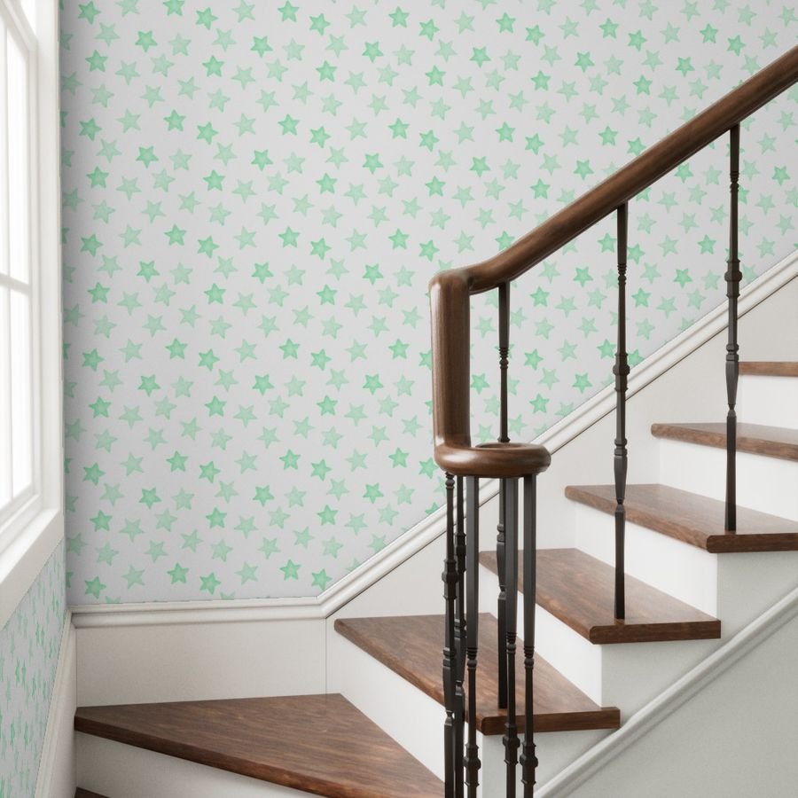 Large Faded Mint Christmas Stars on White Wallpaper mint star wallpaper