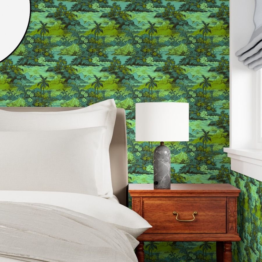 Small Vintage Hawaiian Landscape in Lime and Aqua Wallpaper palm trees wallpaper