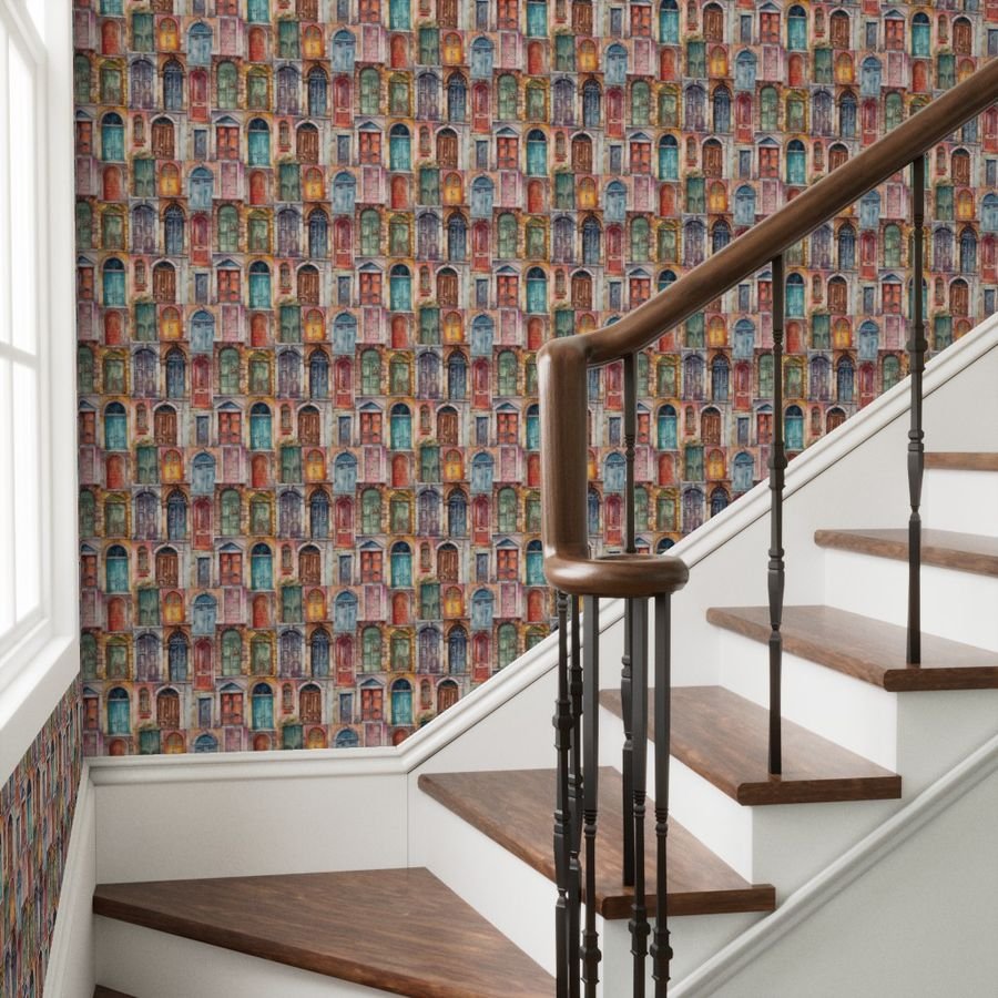 Architectural Doors in Multicolor Watercolors Wallpaper door windows wallpaper