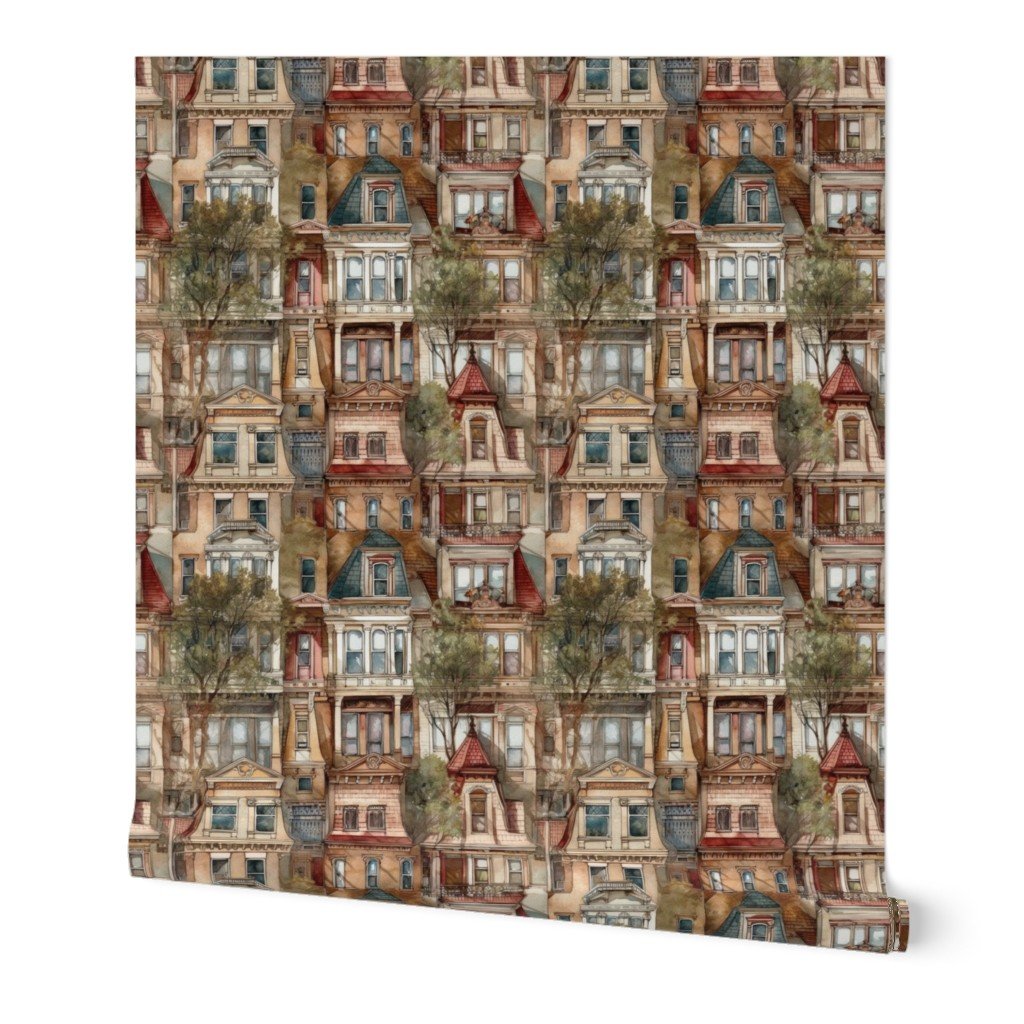 Brownstone Buildings in Varied Tones of Brown Watercolor Wallpaper bay windows wallpaper