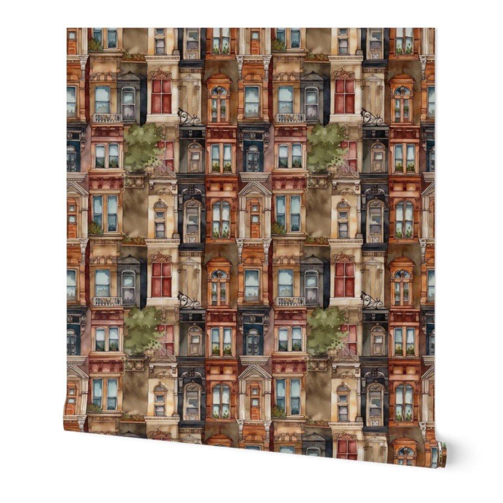 Brownstone Buildings in Varied Tones of Brown Watercolor Wallpaper bay windows wallpaper