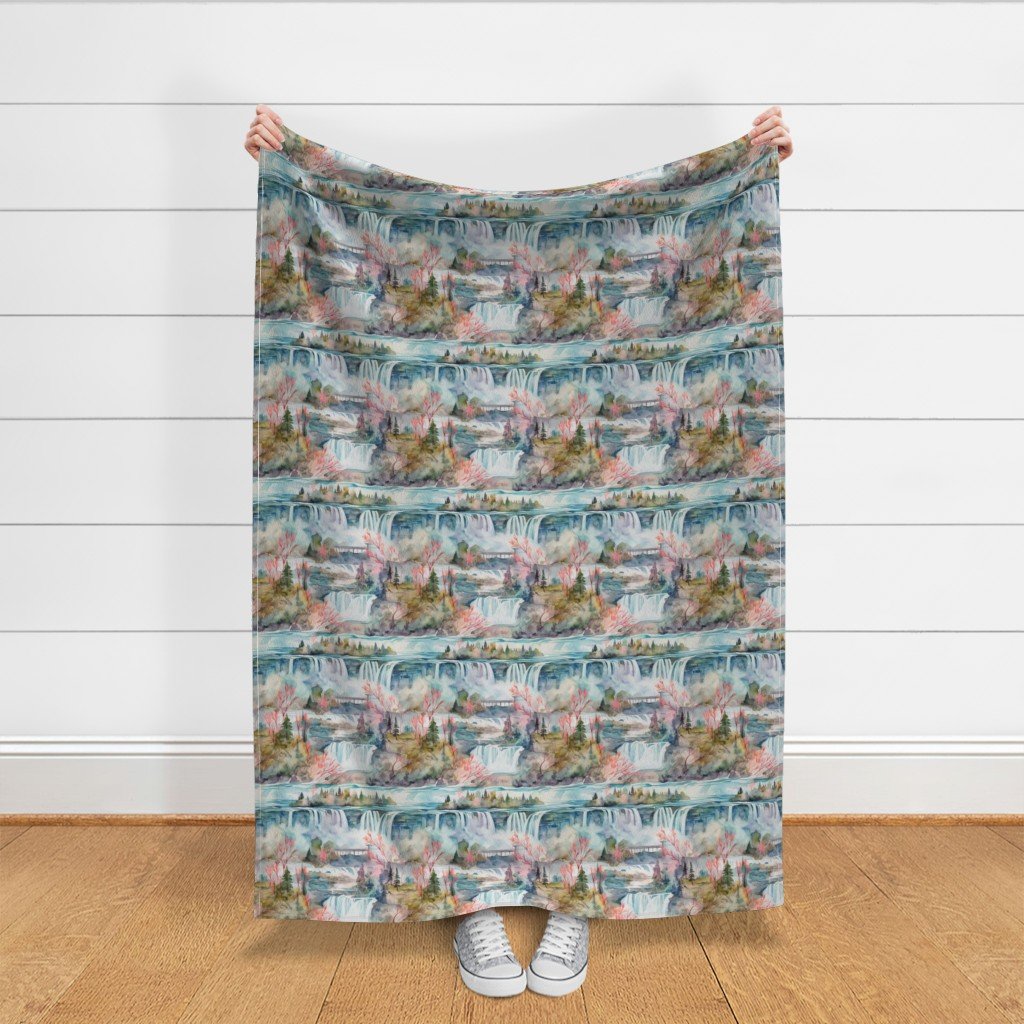 Majestic Niagra Falls Waterfall Border of Two North American Fabric canada falls fabric