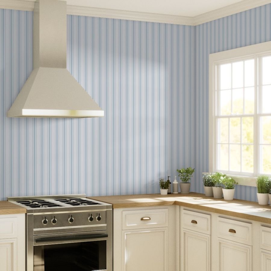 Sky Blue French Provincial Ticking Stripe on Off-White Wallpaper sky blue ticking wallpaper