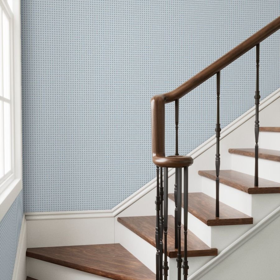 White on Sky Blue Rattan Caning Pattern Wallpaper wicker caning wallpaper