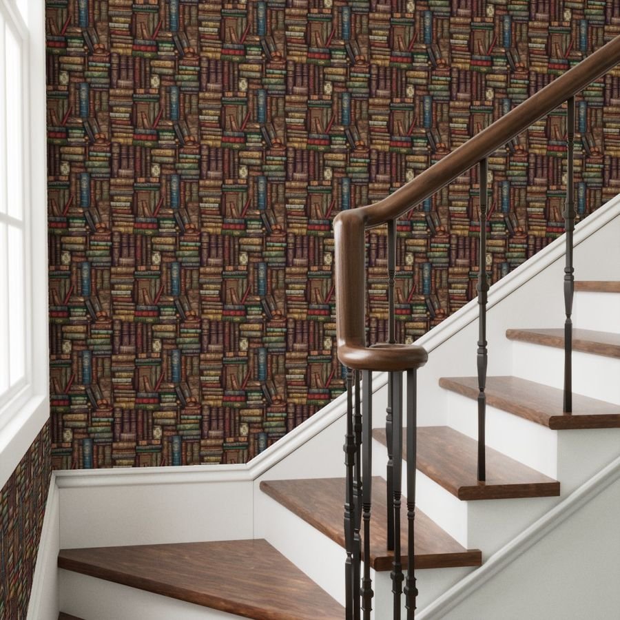 Small Stacked Bound Vintage Books on Library Book Shelf Wallpaper wallpaper books wallpaper