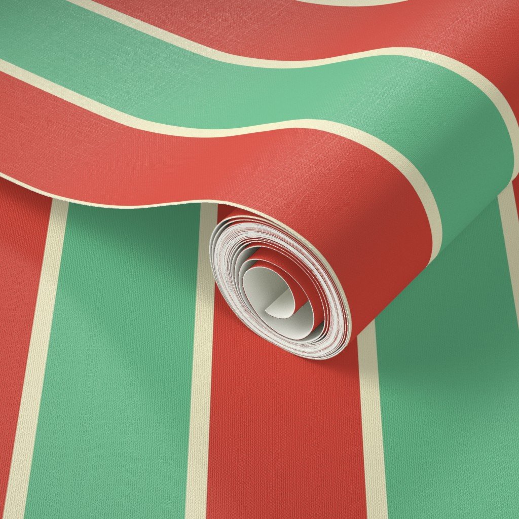 3 Inch Red Vermillion Green and Yellow Gold Vintage Christmas Stripe Wallpaper tent stripe wallpaper