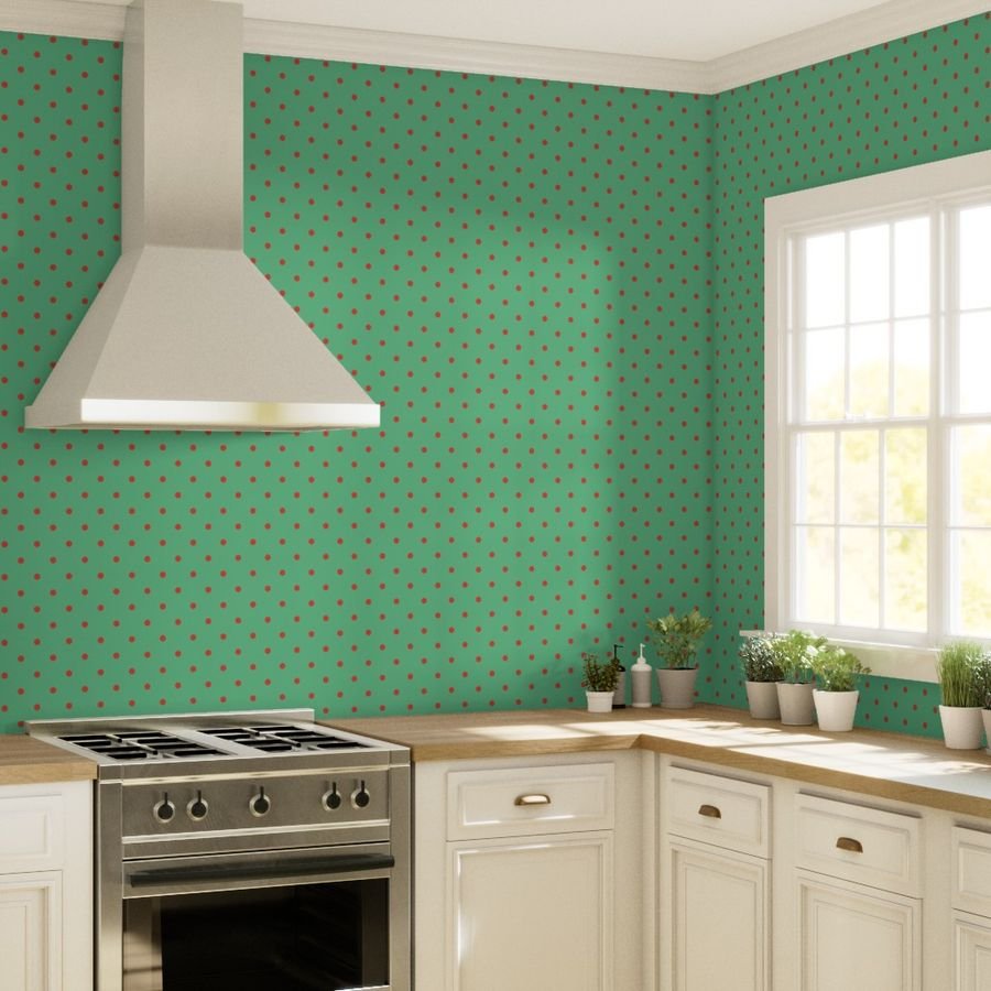 Red Vermillion Polka Dots on Vintage Christmas Green Wallpaper yellow gold dots wallpaper