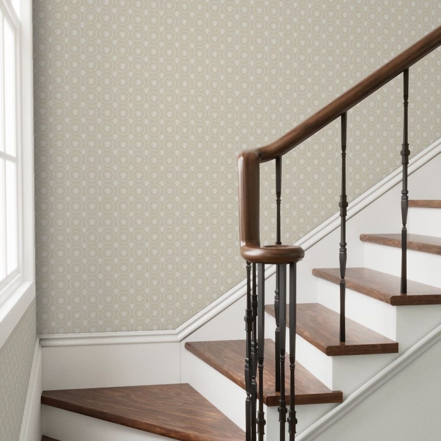 Small French Provincial Bees in Laurel Wreaths in White on Cream Wallpaper french bee wallpaper